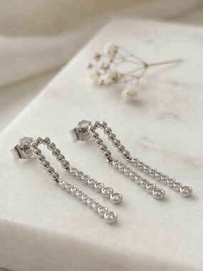 Platinum Plated CZ Dangle Drop Earrings | Elegant Silver Tone Earrings | Dainty